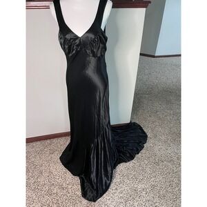 Niki Livas Vintage Black Satin Prom Gown Train Open Back Ruched Formal Dress 12